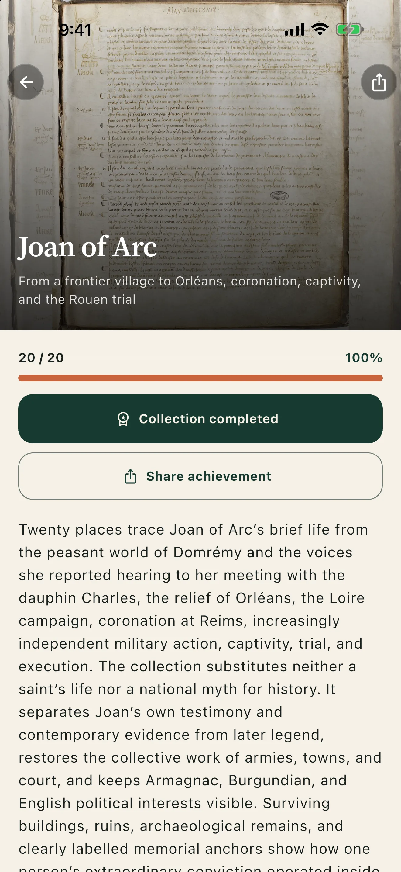Histrail app screen: completed collection at 100 percent