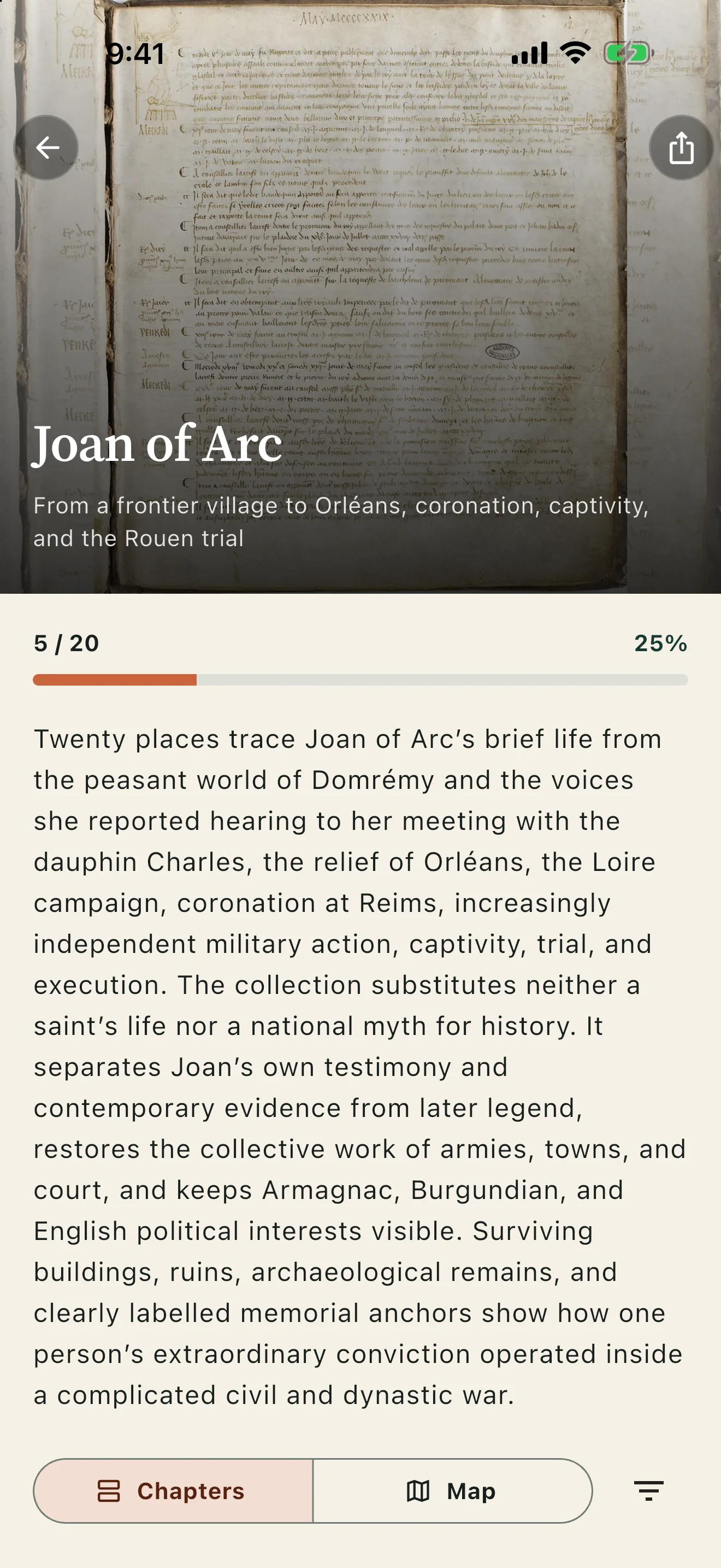 Histrail app screen: collection chapters and progress
